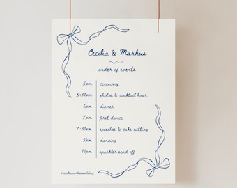 ORDER OF EVENTS - Reception Signage Hand-drawn Bow, Printable Wedding Timeline, Editable Custom Sign, Canva Template, Welcome Sign