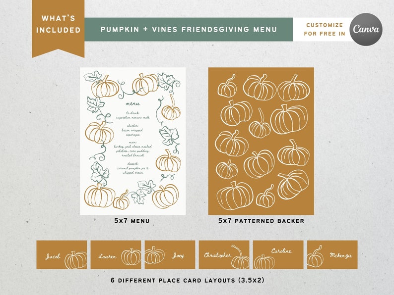 Friendsgiving Menu & Place Card Bundle, Fall Autumn Menu Template