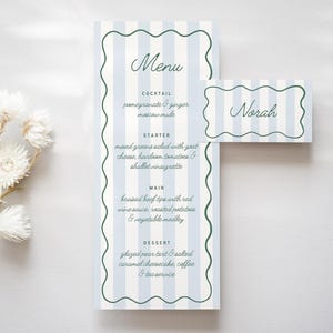 MENU LONGO 4x9 e CARTÕES DE LUGAR, Listras e Ondas, Cardápio de Recepção, Modelo de Cardápio de Casamento, Cartão Estético Neutro Minimalista para Canva