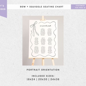 SEATING CHART Reception Signage Squiggle Bow, Printable Wedding Table Plan, Editable Custom Sign, Canva Template, Find Your Seat Sign image 3