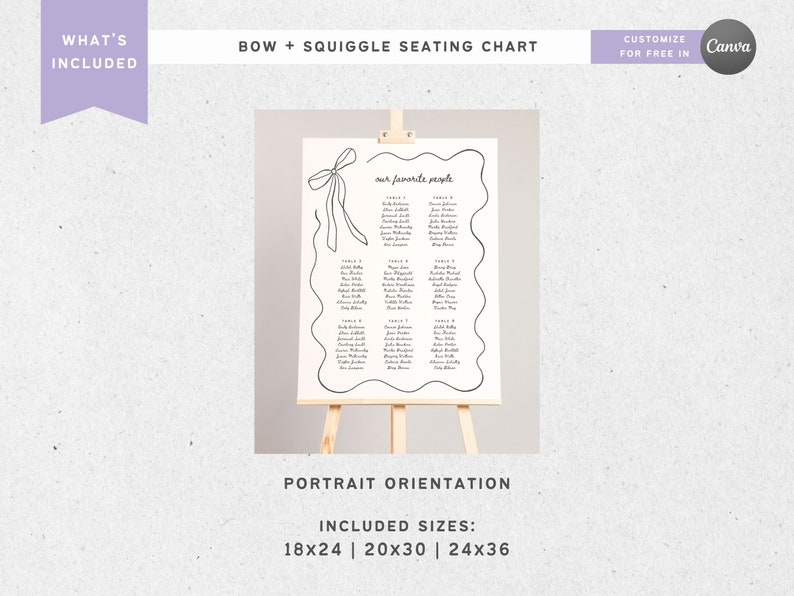 SEATING CHART Reception Signage Squiggle Bow, Printable Wedding Table Plan, Editable Custom Sign, Canva Template, Find Your Seat Sign image 3