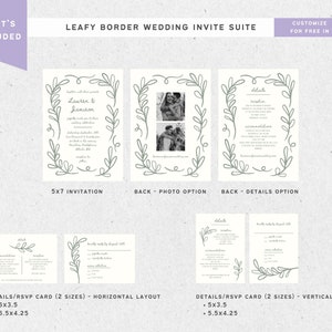 Wedding Invitation Suite Leafy Border Invite with RSVP & Details Card, Hand Drawn Invite, Editable Template for Canva Digital Stationery image 3