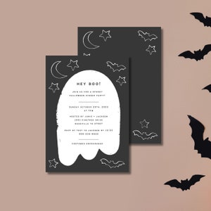 Cute and Spooky Ghost Silhouette Halloween Party Invitation, editable template in Canva, instant download