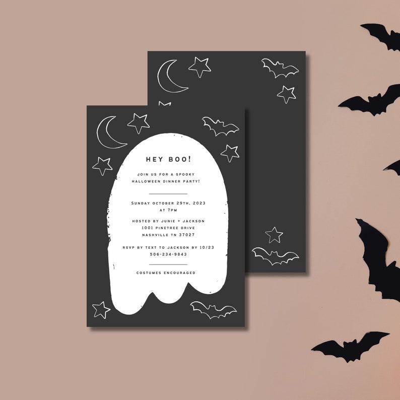 Cute and Spooky Ghost Silhouette Halloween Party Invitation, editable template in Canva, instant download