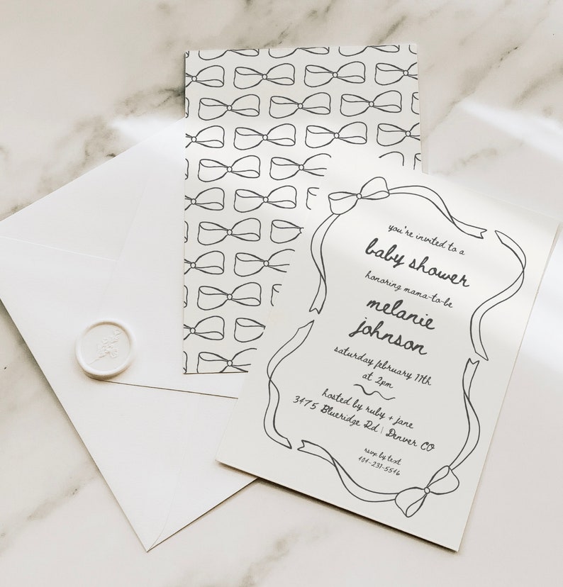 Hand Drawn Bow and Ribbon Simple Squiggle Minimal Boho Birthday Brunch Bridal Shower Invitation Template Bundle, editable in canva, printable Invite by Hey Kelly Studio, DIY party invite template