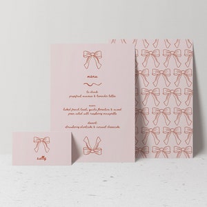 Galentine's Sweet Bow Menu & Placecard-sjabloon, DIY Pink Brunch Menu, handgetekende strik, minimalistische esthetische Valentijnskaarten Canva