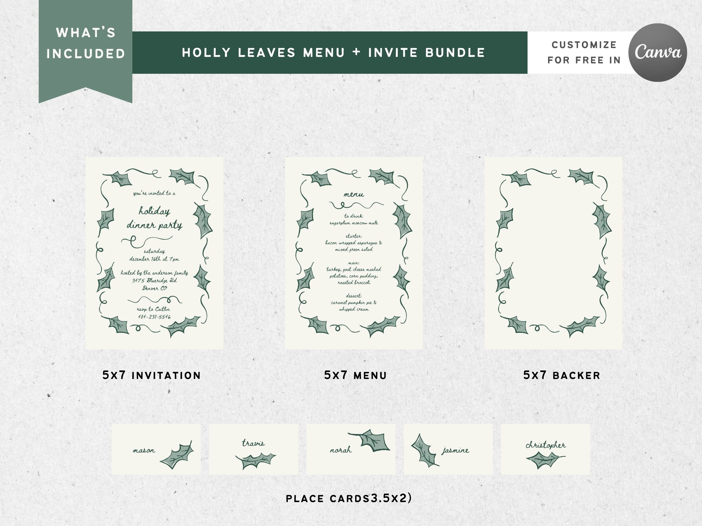 Menu Order Invite Holly Leaves Invite Menu Template, DIY Dinner Party Invitation, Hand ...