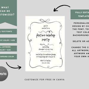 May include: A black and white printable invitation template for a festive holiday party. The template features a handwritten font and a decorative border. The text reads "you're invited to a festive holiday party" and includes the date, time, and location of the party. The template is fully editable and can be customized in Canva.