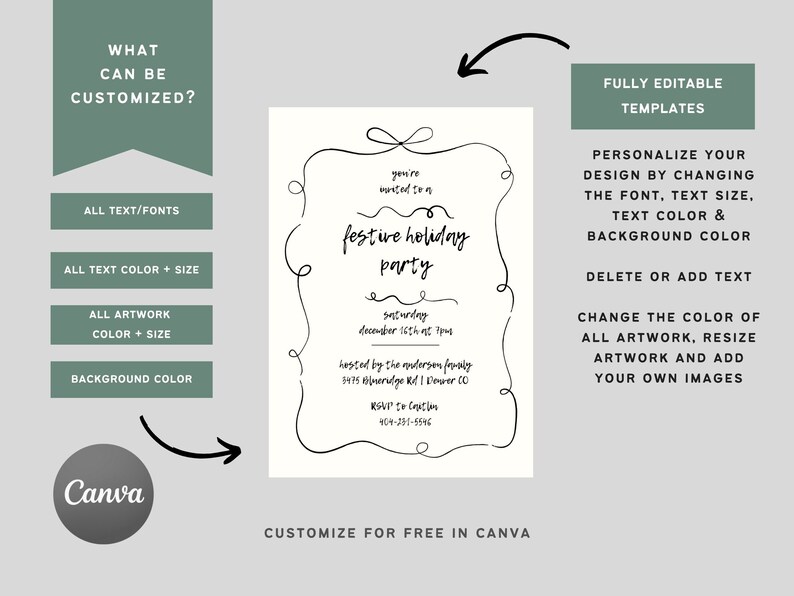May include: A black and white printable invitation template for a festive holiday party. The template features a handwritten font and a decorative border. The text reads "you're invited to a festive holiday party" and includes the date, time, and location of the party. The template is fully editable and can be customized in Canva.