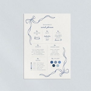 SCHEDE INFORMATIVE PER DAMIGELLE D'ONORE, Modello di scheda informativa per fiocchi angolari, Download digitale di cancelleria per matrimonio stampabile, Damigella d'onore, Modello Canva 5x7