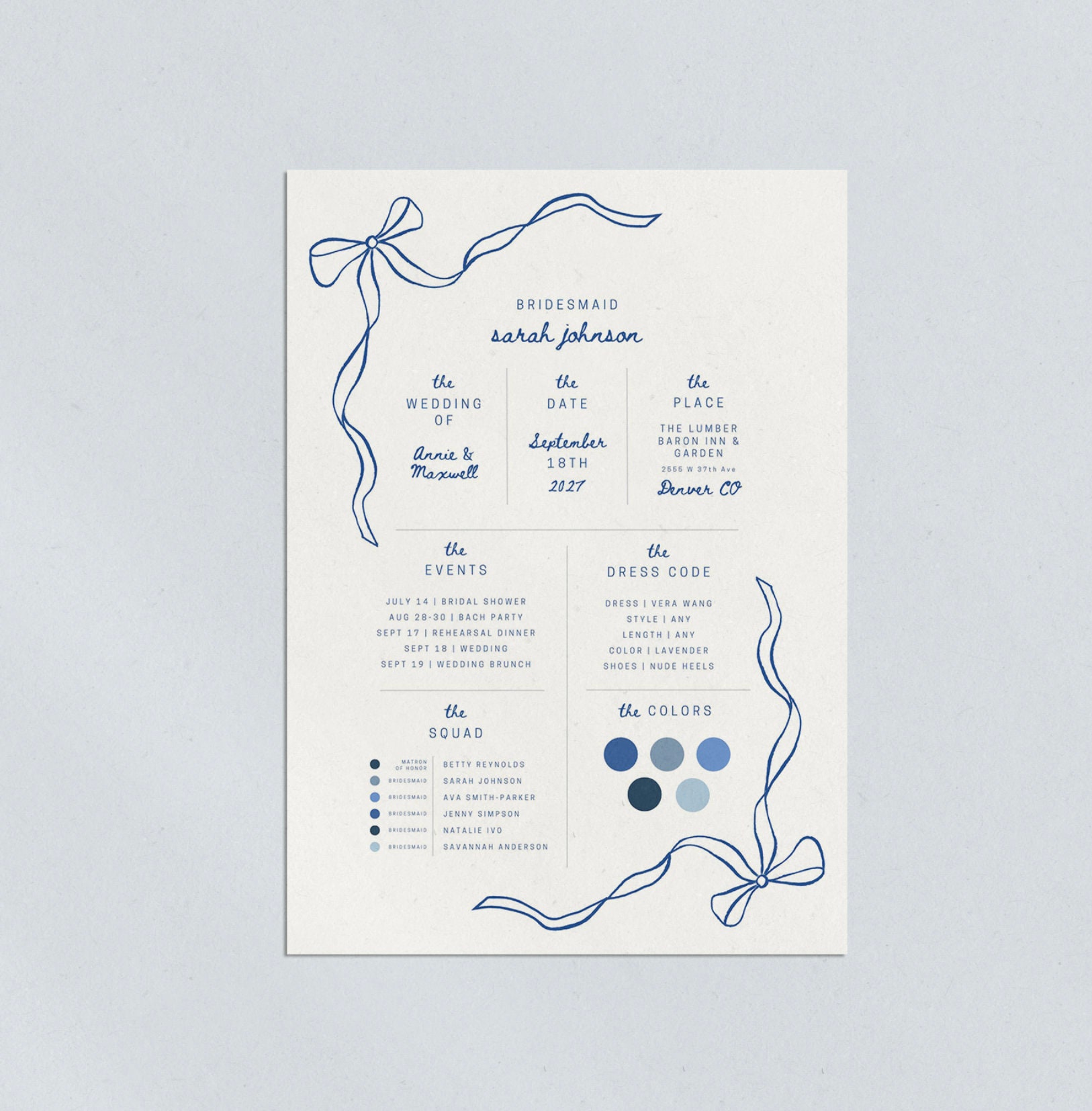 BRIDESMAID INFO CARDS, Corner Bows Info Card Template, Digital Download Printable Wedding Stationery, Maid of Honor, Canva Template 5x7