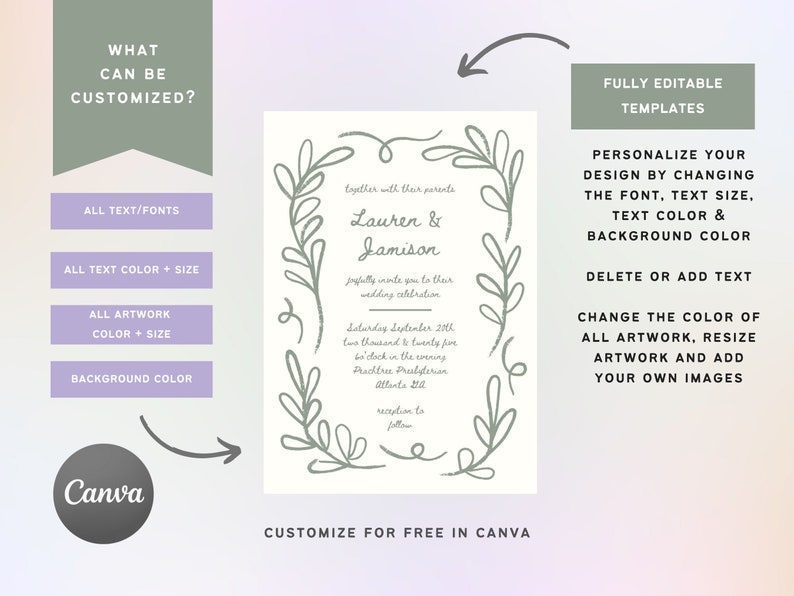 Wedding Invitation Suite Leafy Border Invite with RSVP & Details Card, Hand Drawn Invite, Editable Template for Canva Digital Stationery image 2