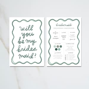 hand-drawn wavy squiggle border bridesmaid & maid of honor, flower girl proposal card with coordinating info cards, editable canva template, printable wedding stationery