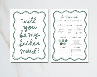 BRIDESMAID Proposal & INFO CARDS, Be My Bridesmaid Card, Digital Download Printable Wedding Stationery, Maid of Honor, Canva Template