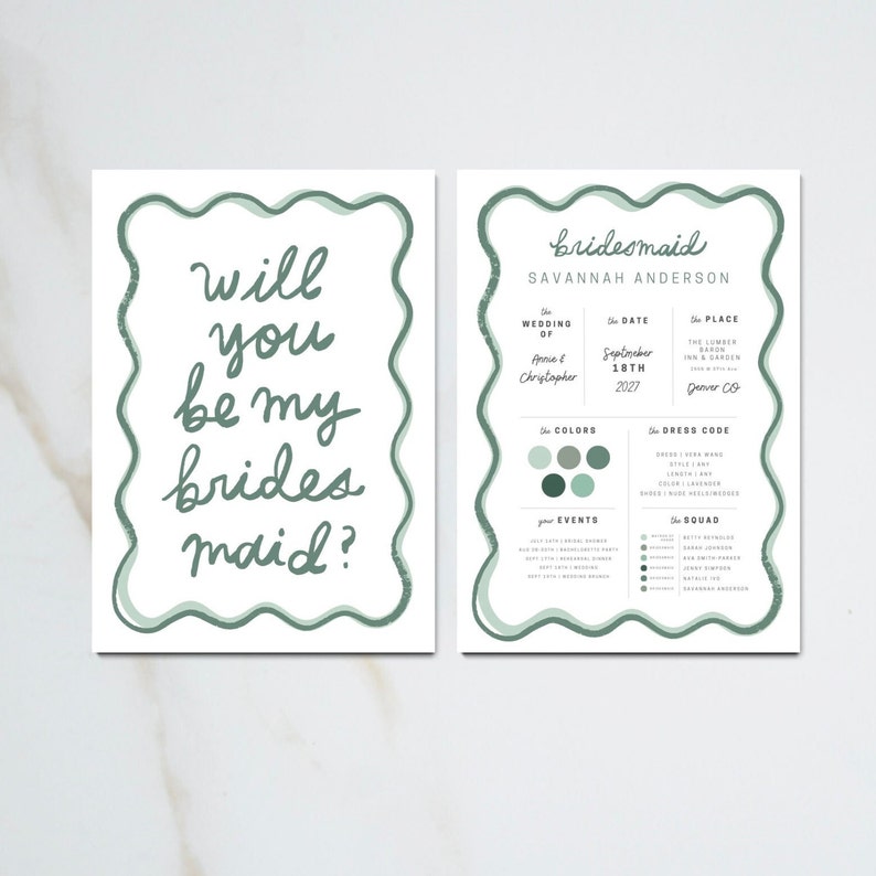 hand-drawn wavy squiggle border bridesmaid & maid of honor, flower girl proposal card with coordinating info cards, editable canva template, printable wedding stationery