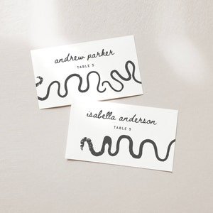 CARTÕES DE LUGAR Borda de onda torta, cartões de lugar modernos e minimalistas para impressão, papelaria editável para casamento, modelo Canva, cartões de lugar dobrados e planos