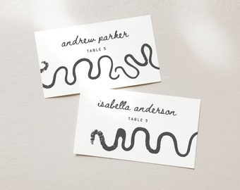PLACE CARDS Wonky Wave Border, Minimal Modern Printable Placecards, Editable Wedding Stationary, Canva Template, Folded & Flat Place Cards