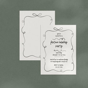 HandDrawn Bow and Ribbon Swirl Simple Neutral Minimal Boho Holiday Invite Template,  editable in canva, printable Invite by Hey Kelly Studio, DIY christmas holiday invitation template