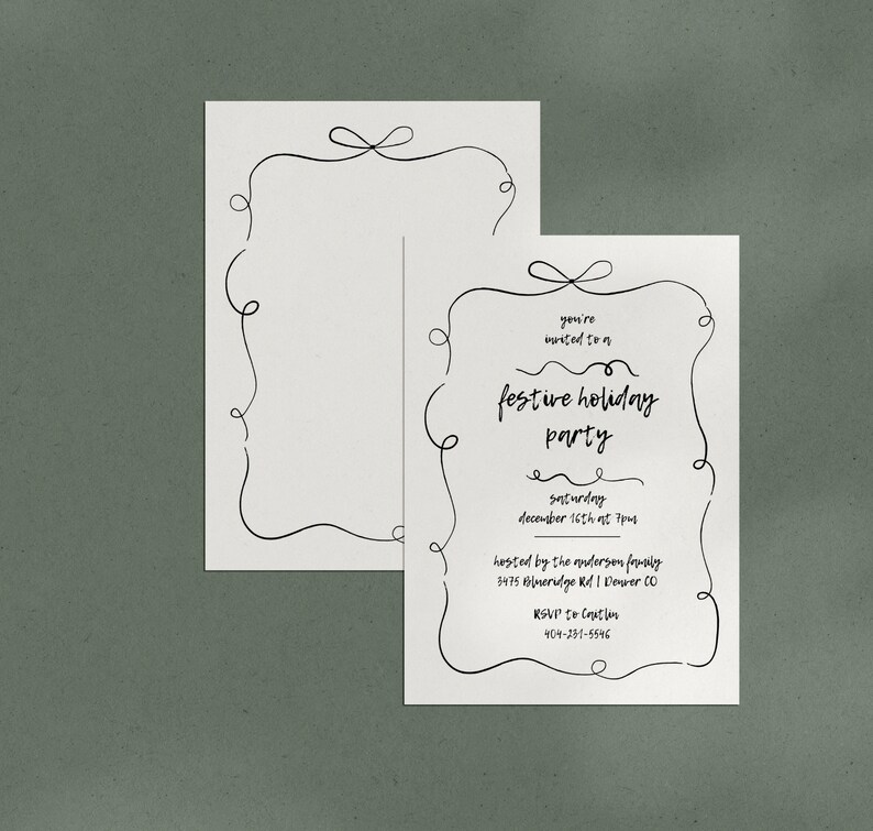 HandDrawn Bow and Ribbon Swirl Simple Neutral Minimal Boho Holiday Invite Template,  editable in canva, printable Invite by Hey Kelly Studio, DIY christmas holiday invitation template