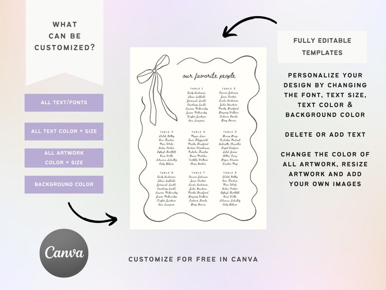 SEATING CHART Reception Signage Squiggle Bow, Printable Wedding Table Plan, Editable Custom Sign, Canva Template, Find Your Seat Sign image 2