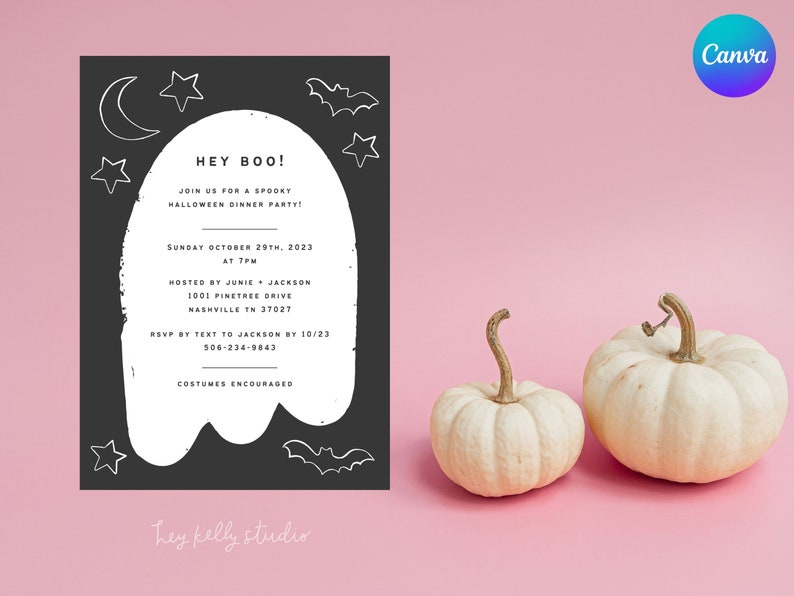 Cute and Spooky Ghost Silhouette Halloween Party Invitation, editable template in Canva, instant download