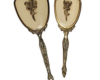 Specchio portatile con rose vintage e set di pennelli placcato in oro 24k Stylebuilt Vanity