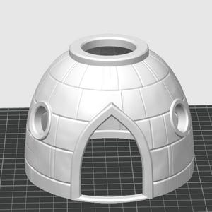 May include: A white, dome-shaped structure with a block-like pattern resembling an igloo. It features a central arched doorway, two circular side windows, and a circular opening at the top. The object has a smooth, matte finish throughout.