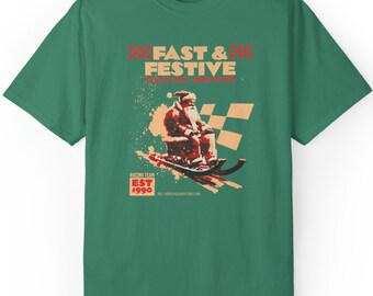 Festive Christmas Tee, Santa Racing Shirt, Christmas Racing T-shirt, Fun Holiday Tee, Racing Santa Shirt, Graphic Christmas Tee