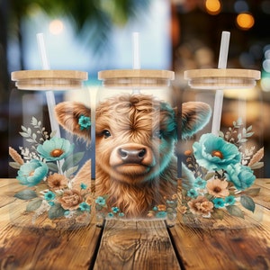 Highland Cow Libbey Glass Wrap, Flowers Glass Tumbler, Floral 16 Oz Glass Can Wrap PNG, Wrap, Glass Can Sublimation Wrap Design Download PNG
