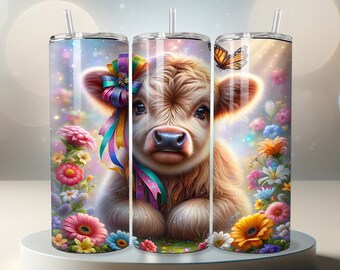 Floral Highland Cow Tumbler Wrap: 20 Oz Skinny Tumbler PNG (Digital Download)
