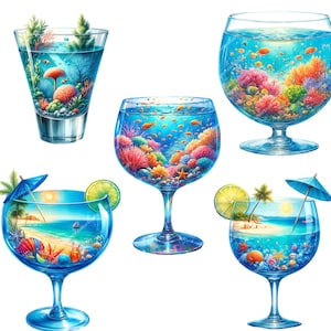 Paquete de imágenes prediseñadas de cócteles de verano, diseño de verano en vidrio, imágenes prediseñadas tropicales, gráficos de verano, imágenes prediseñadas de verano, fondo transparente, uso comercial