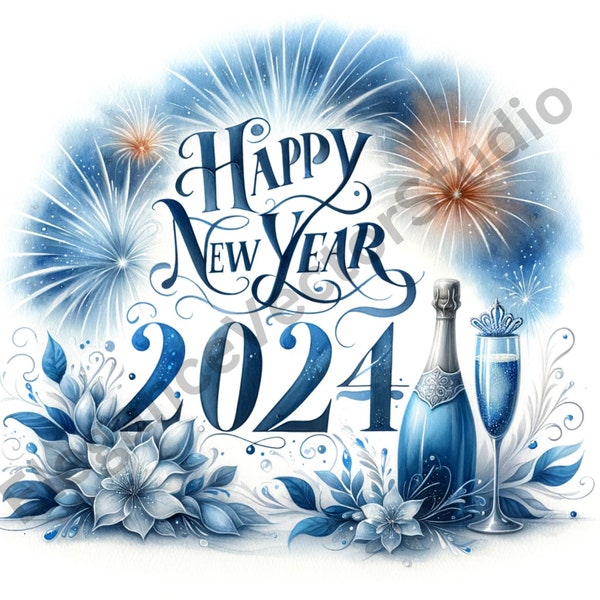 Happy New Year PNG, Happy New Year Clipart Bundle, 2024 Png Graphics, Transparent Background and Commercial Use, Set of 25