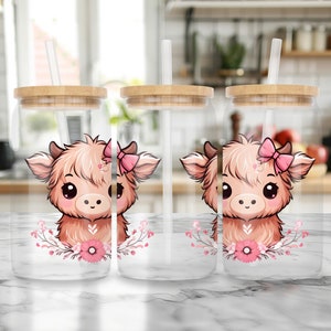 Pink Highland Cow Libbey Glass Wrap, Flowers Glass Tumbler, Floral 16 Oz Glass Can Wrap PNG, Glass Can Sublimation Wrap Design Download PNG