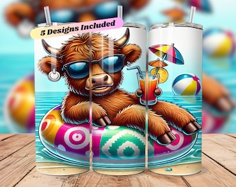 Summer Highland Cow Tumbler Wrap: Beach Vacation Design (PNG)