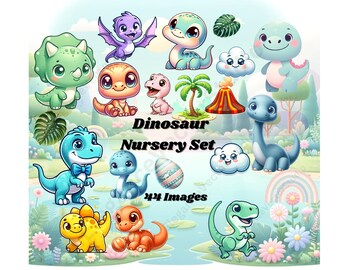 Cute Dinosaurs Clipart, Nursery Dinosaur Clipart, Dino Girls clipart, Dinosaur stickers, Nursery Clipart, Dinosaur birthday party Decor,