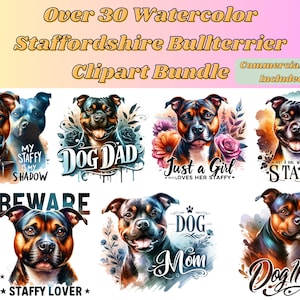 Pacote de clipart de aquarela Staffordshire Bullterrier - 33 PNGs de alta qualidade, uso comercial, presente para amantes de cães, presente para mães de cães, mães Staffy