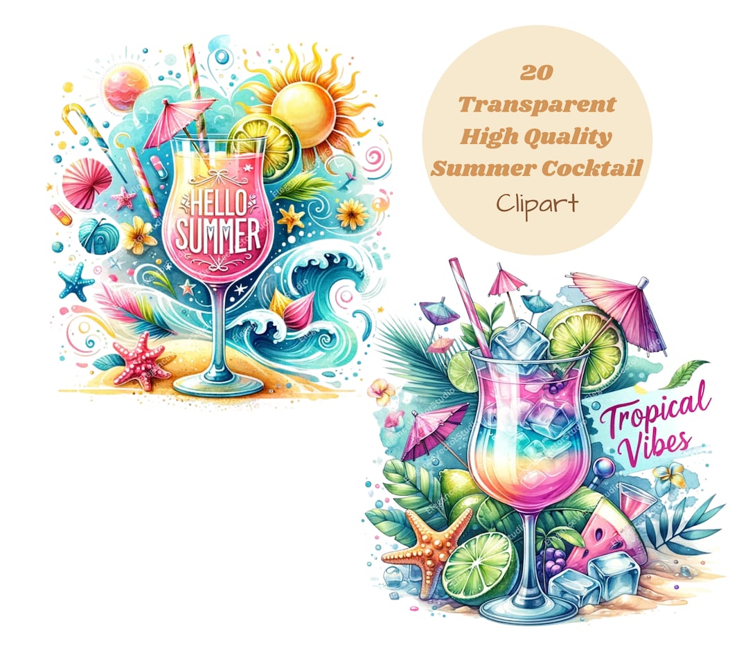 Summer Cocktails Clipart Bundle: 20 Transparent PNG Graphics ...