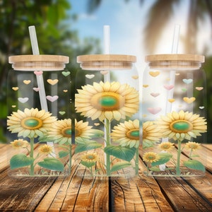 Sunflowers 16oz Glass Can Sublimation Watercolor Design-Frosted-Clear Glass Can Wrap PNG Digital Instant Download,Heart and Flower Glass Can