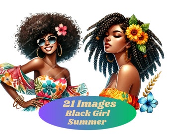 Watercolor Black Woman Summer Clipart: Portrait PNG Bundle (Commercial Use)