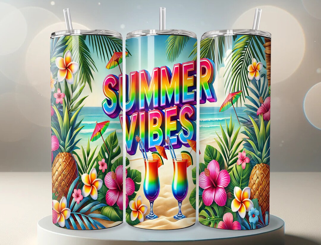 Summer Vibes Tumbler Wrap, Sunset Flip Flops Sunglasses Beach Ocean PNG ...