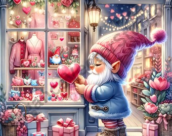 May include: A gnome with a pink hat and blue coat holds a red heart in front of a shop window decorated with hearts and flowers. The shop window displays pink and red clothing and a blue bird.
