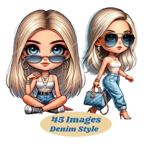 Pacote de clipart de garota loira - 45 PNGs HQ, clipart de garota chibi, clipart de garota, clipart de garota jeans, clipart de garota bonita, gráficos de garotas loiras