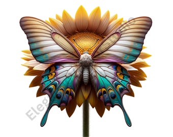May include: A detailed illustration of a butterfly with teal, purple, and cream wings, perched on a yellow sunflower. The butterfly's wings display detailed patterns. The sunflower has yellow petals and a green stem.