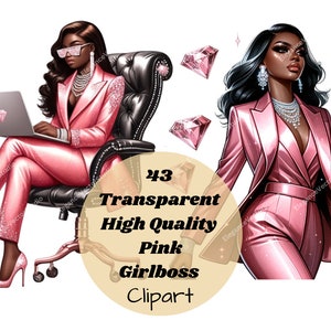 Pacchetto di donne d'affari con ragazza nera e acquerello rosa - Set di clipart PNG di donne nere per Girl Boss, diario, pacchetto di clipart di frasi di Girl Boss