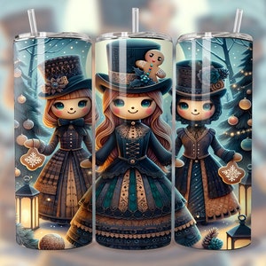May include: Three whimsical Christmas-themed tumblers featuring illustrations of girls in Victorian-style dresses and hats, holding gingerbread ornaments. The background is a snowy forest scene with a lit Christmas tree.