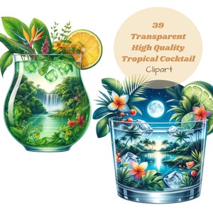 Bundle de cliparts cocktails tropicaux, boissons tropicales PNG, dessins d'été, graphiques de boissons d'été, Bonjour Summer PNGs, lot de conceptions drôles d'été