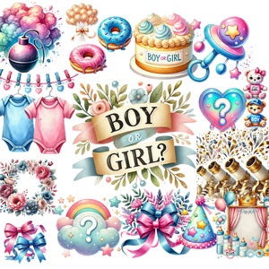 Bundle de cliparts sexe révéler idée, c'est un clipart garçon, clipart chambre d'enfant, c'est une fille, clipart bébé Boho, faire-part révéler sexe aquarelle