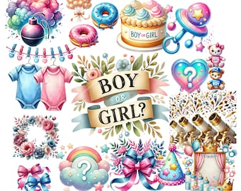 Watercolor Gender Reveal Clipart Bundle: Boho Baby PNG (Digital Download)
