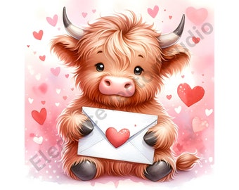 Valentine Highland Cow Clipart: 20 PNG & JPG Designs (Commercial Use)