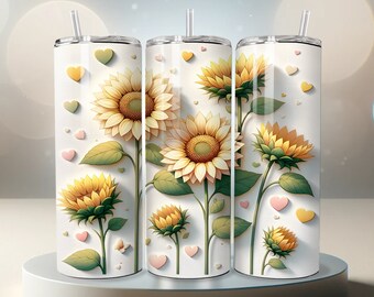 May include: Three white stainless steel tumblers with a sunflower and heart design. The tumblers have a white background with yellow sunflowers, green leaves, and pink hearts.